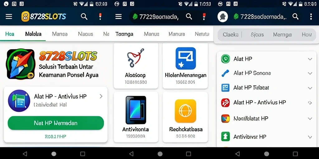 Tampilan antarmuka dan fungsi utama aplikasi 8728SLOTS Antivirus HP.