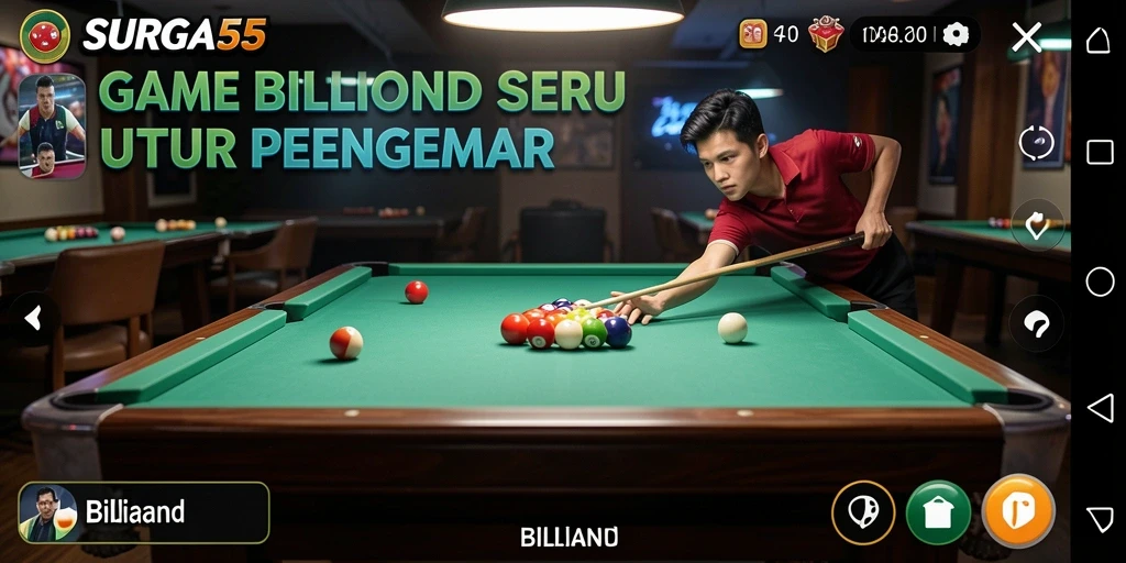 Antarmuka SURGA55 yang menarik dan interaktif dalam permainan billiard.